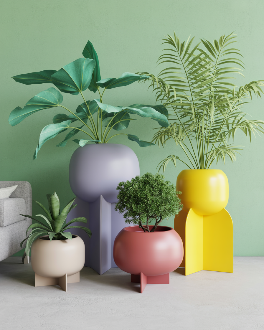 Decorative statement planters with indoor plants