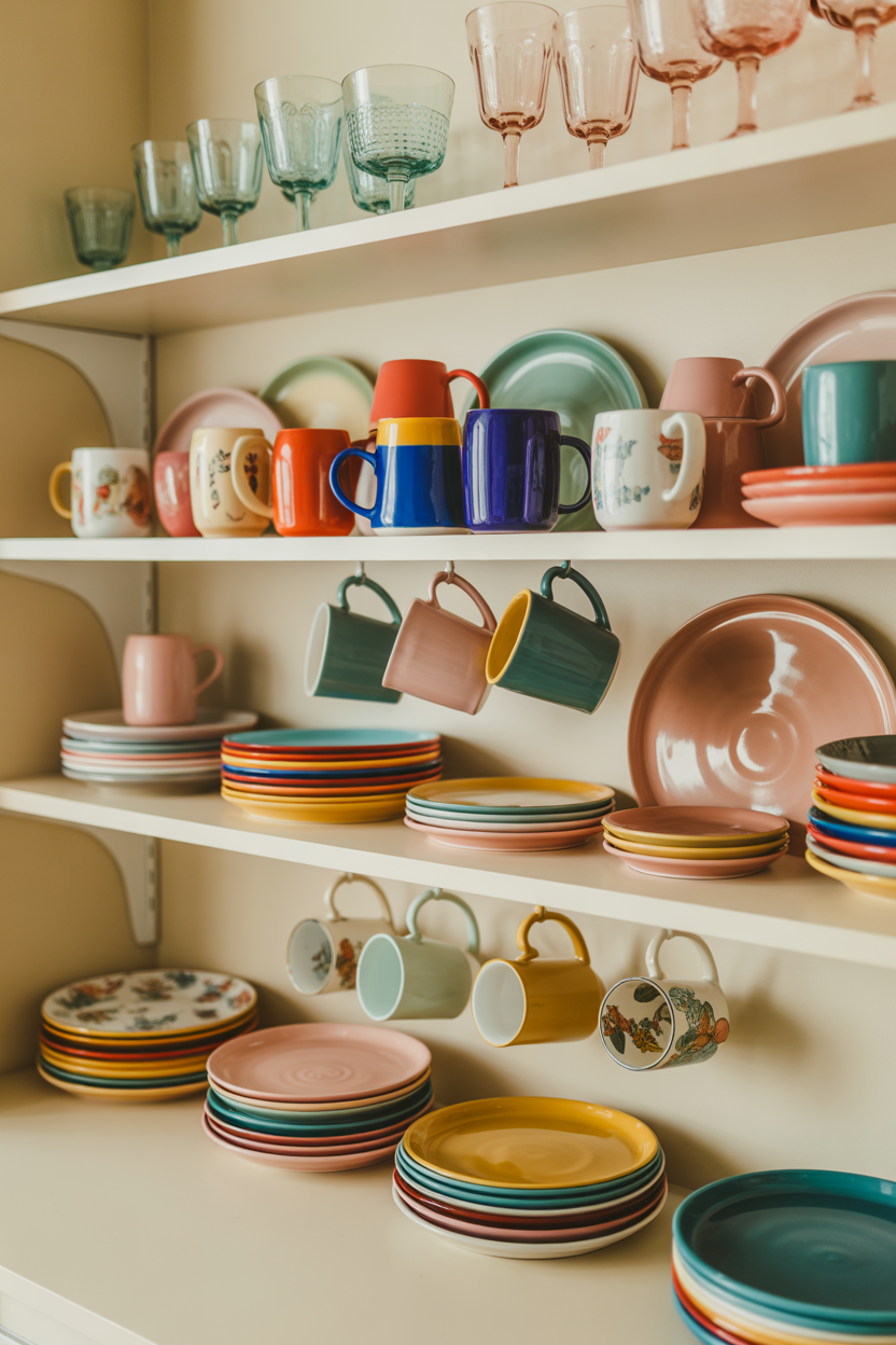 Open shelving in the kitchen displaying colorful mugs and vintage glassware for an eclectic touch.