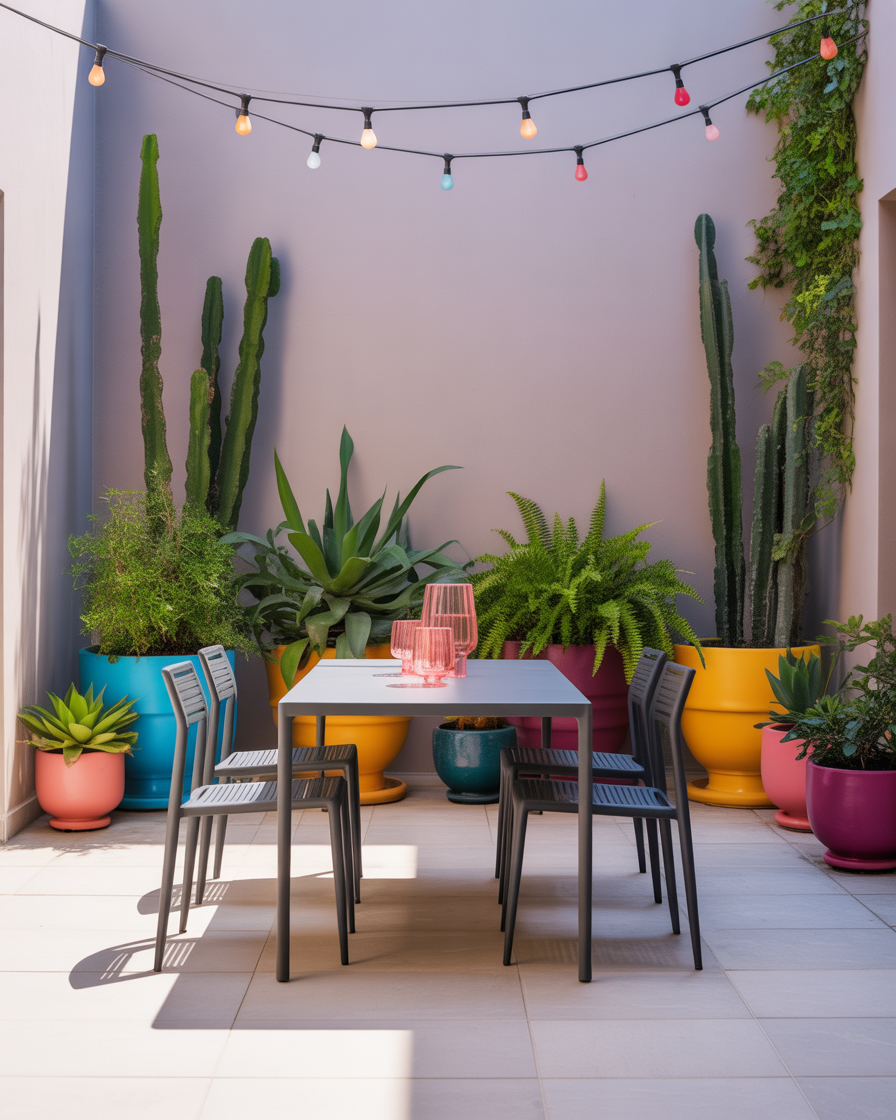 A modern minimalist patio with a simple metal dining set and neutral tones.