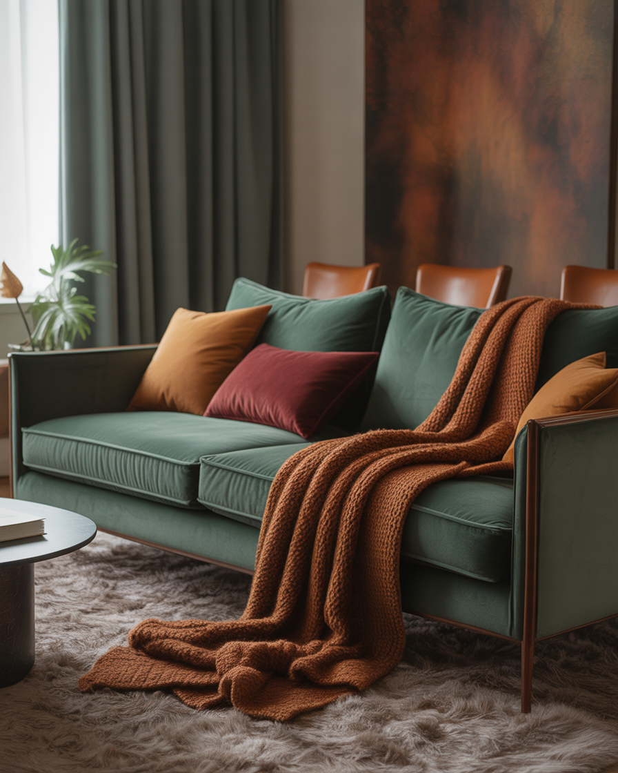 Family room with layered textures including velvet, knit, and leather.