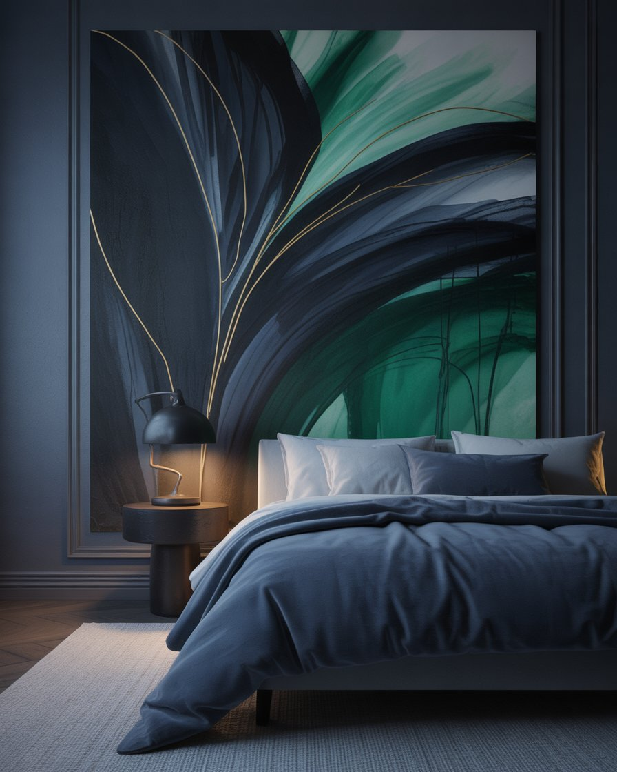 Moody bedroom featuring abstract art with dark tones, enhancing the room’s dramatic vibe.