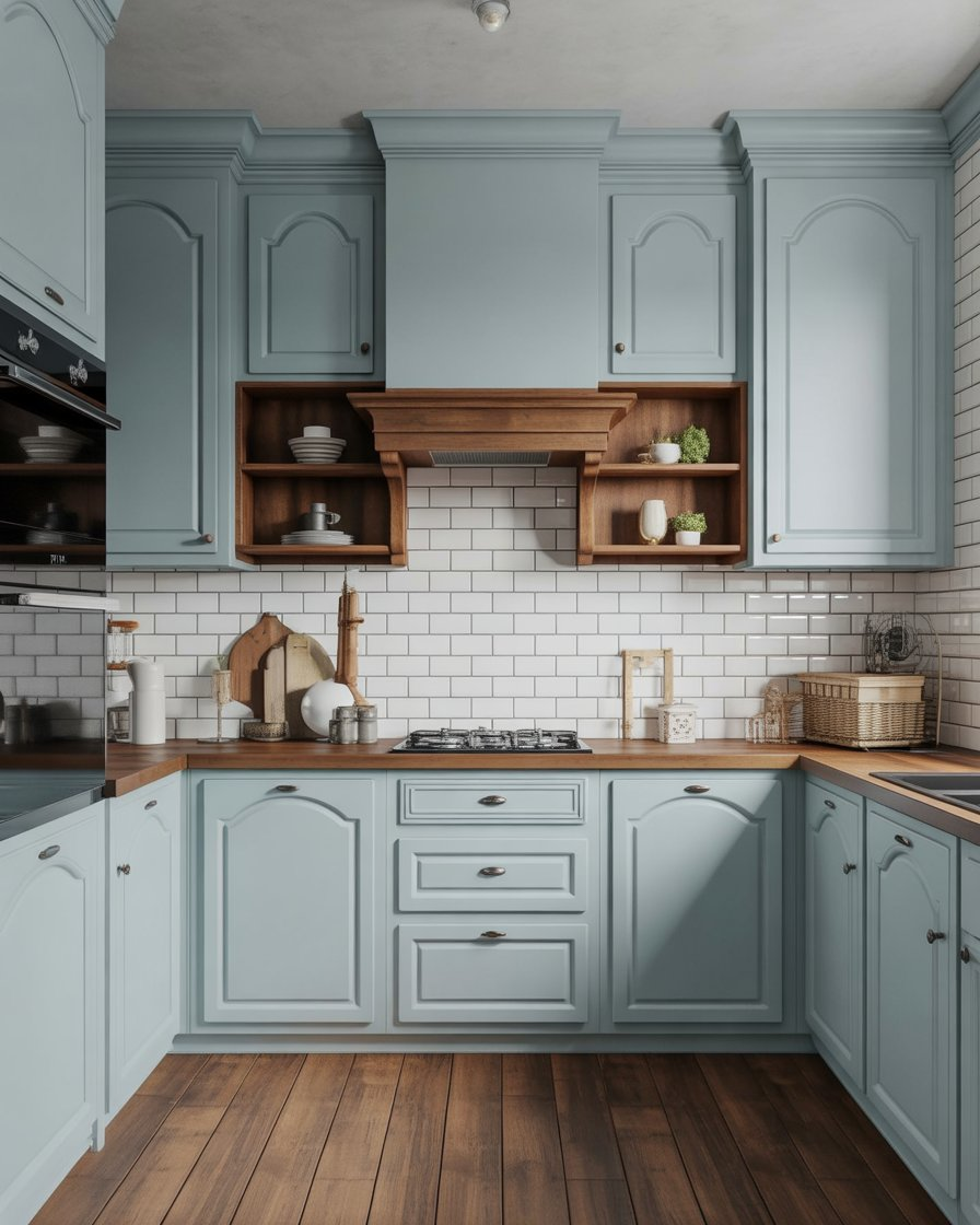 Duck egg blue kitchen cabinets with white subway tile and warm wood accents, creating a charming, vintage-inspired kitchen.