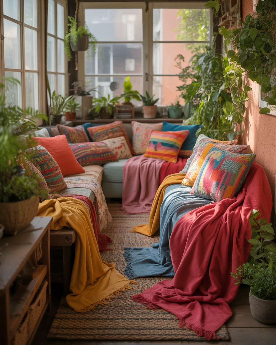 Colorful throw pillows and blankets in a boho sunroom.