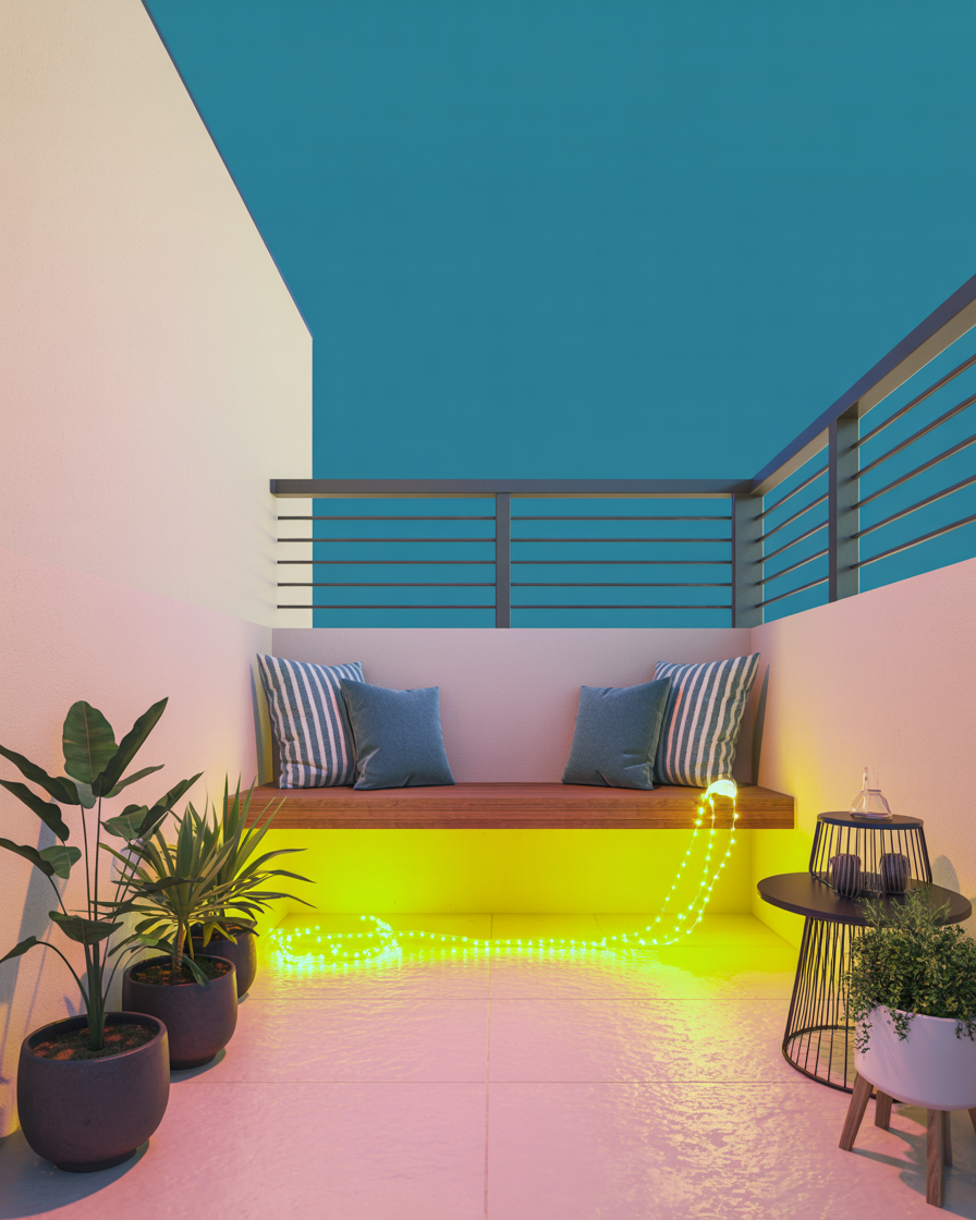 Minimal modern balcony with under-lit rope lighting for subtle ambiance