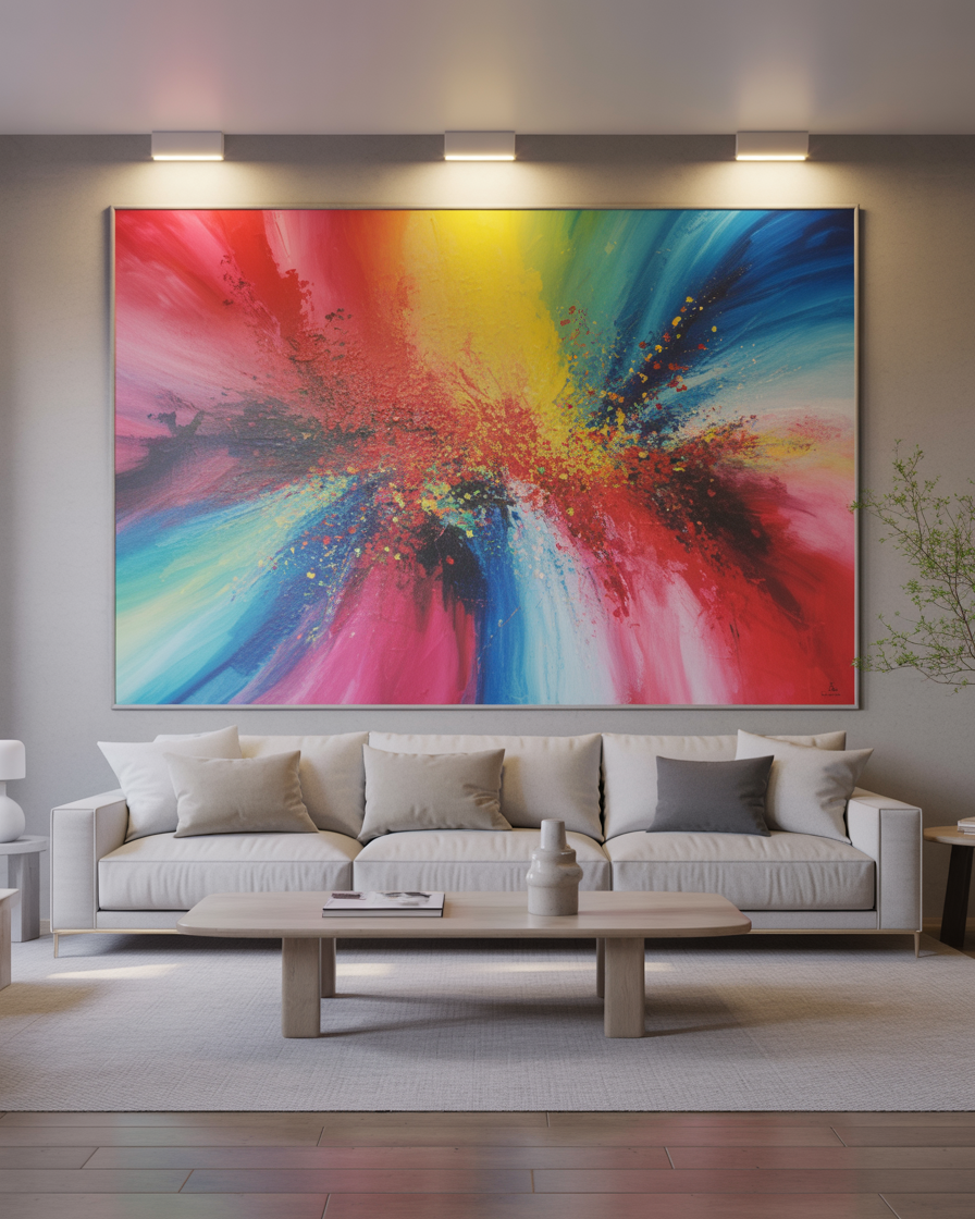 Living room with vibrant abstract painting on the wall, creating a bold, artistic statement in the space.