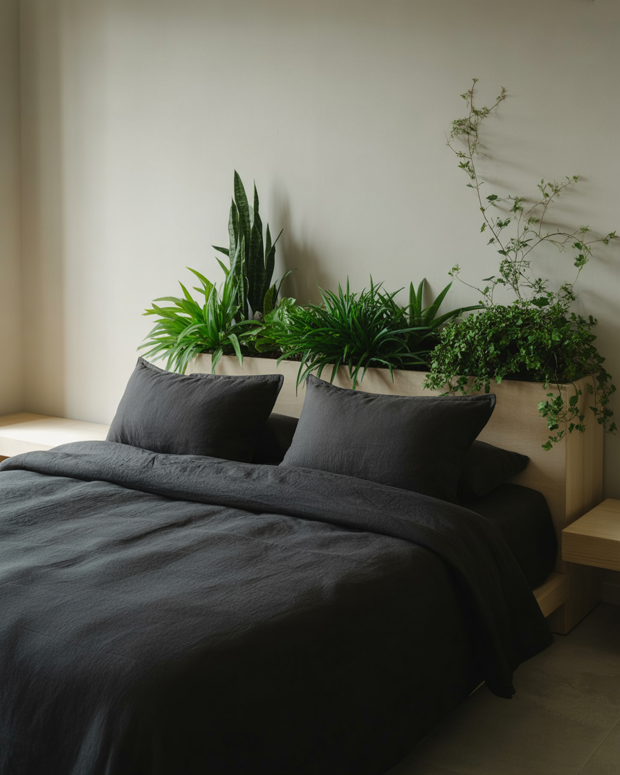 Black linen bedding with green plants adding natural freshness and vibrancy to the room.