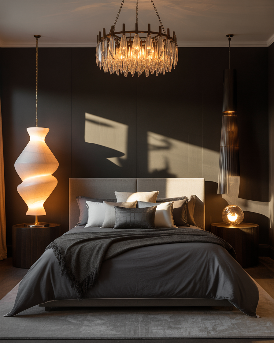 Dramatic moody bedroom with statement lighting casting a warm glow over dark walls.