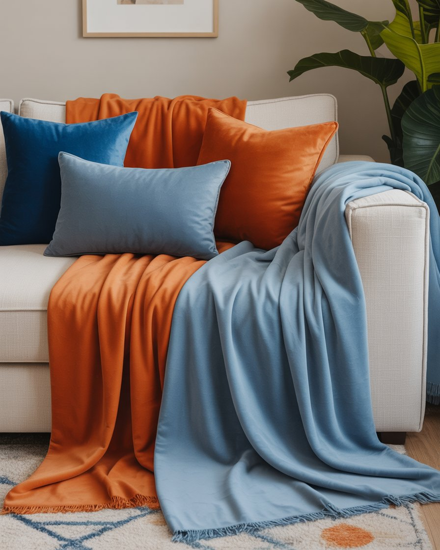Cozy living room sofa with a soft blue throw blanket and an orange accent for added warmth and style.