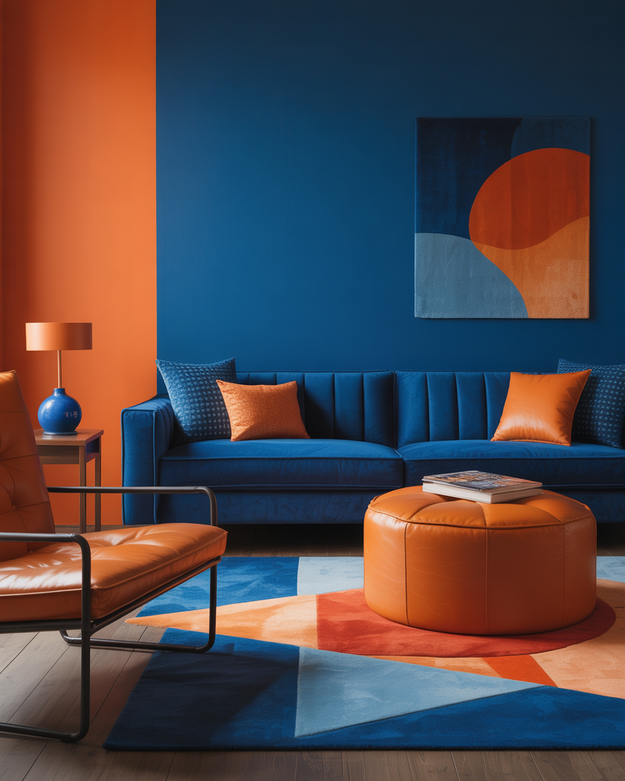 Living room with plush blue velvet sofa and a warm orange leather ottoman for a textural contrast.