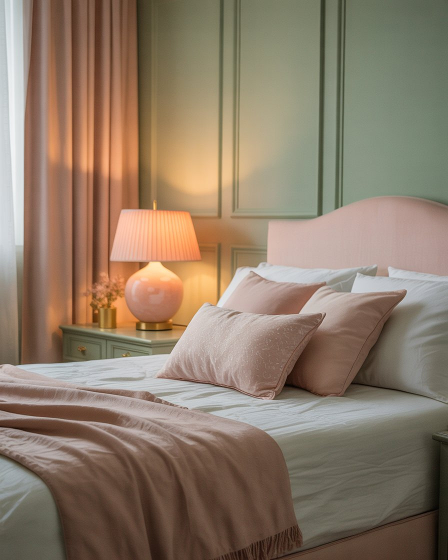 Bedroom with soft blush lamps and gold fixtures, creating a warm, inviting atmosphere.