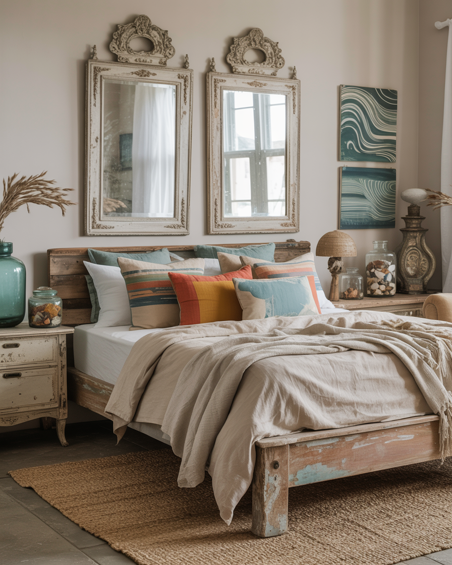 A boho coastal bedroom with a blend of vintage and modern furnishings.