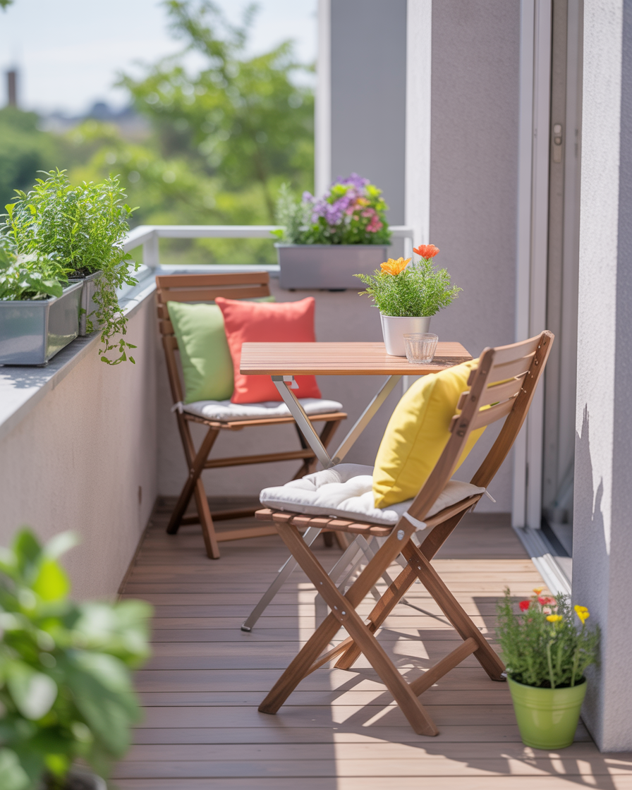 Space-saving folding furniture on a small balcony, ideal for tight spaces.