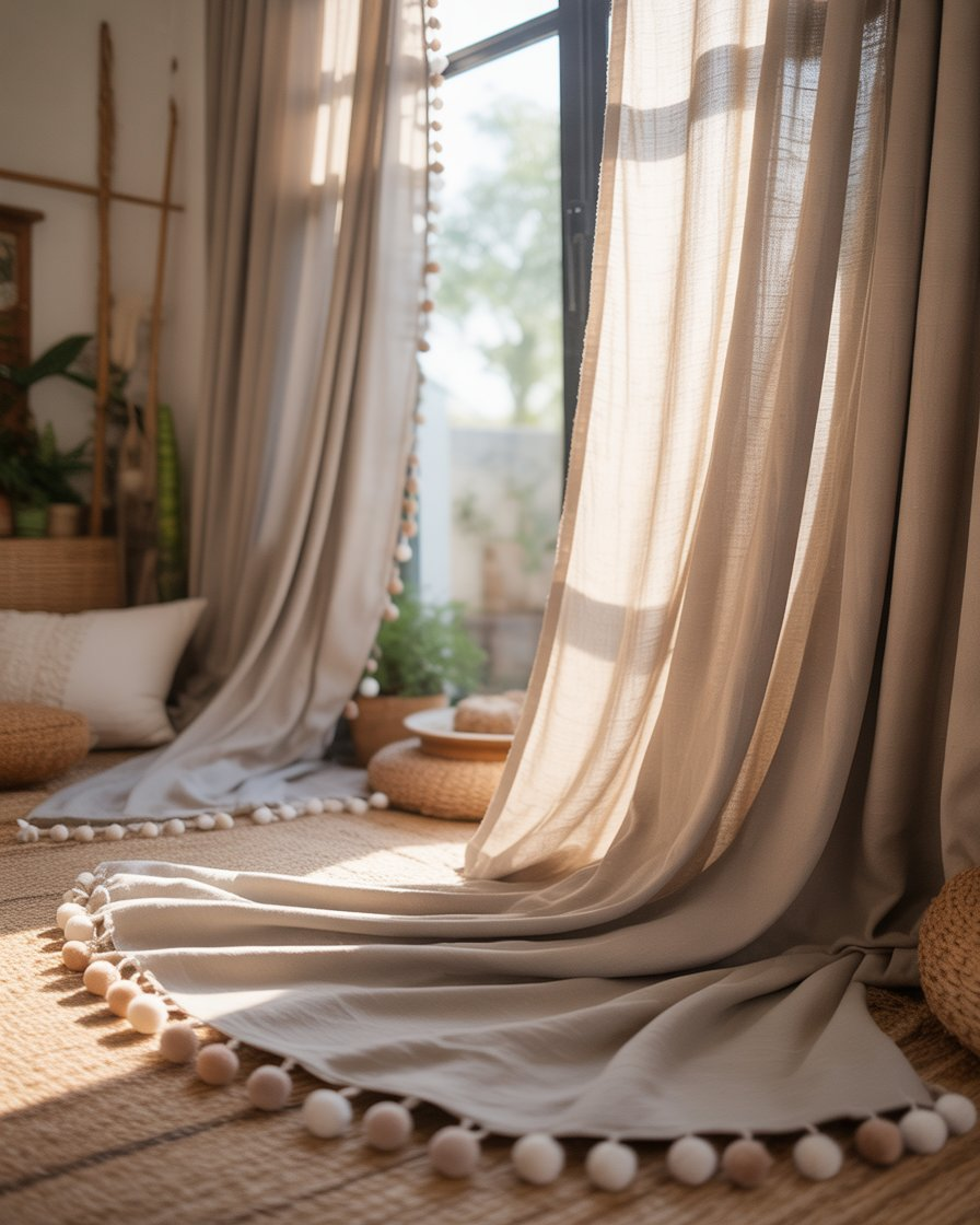 Pom-pom trimmed curtains in a boho living room.