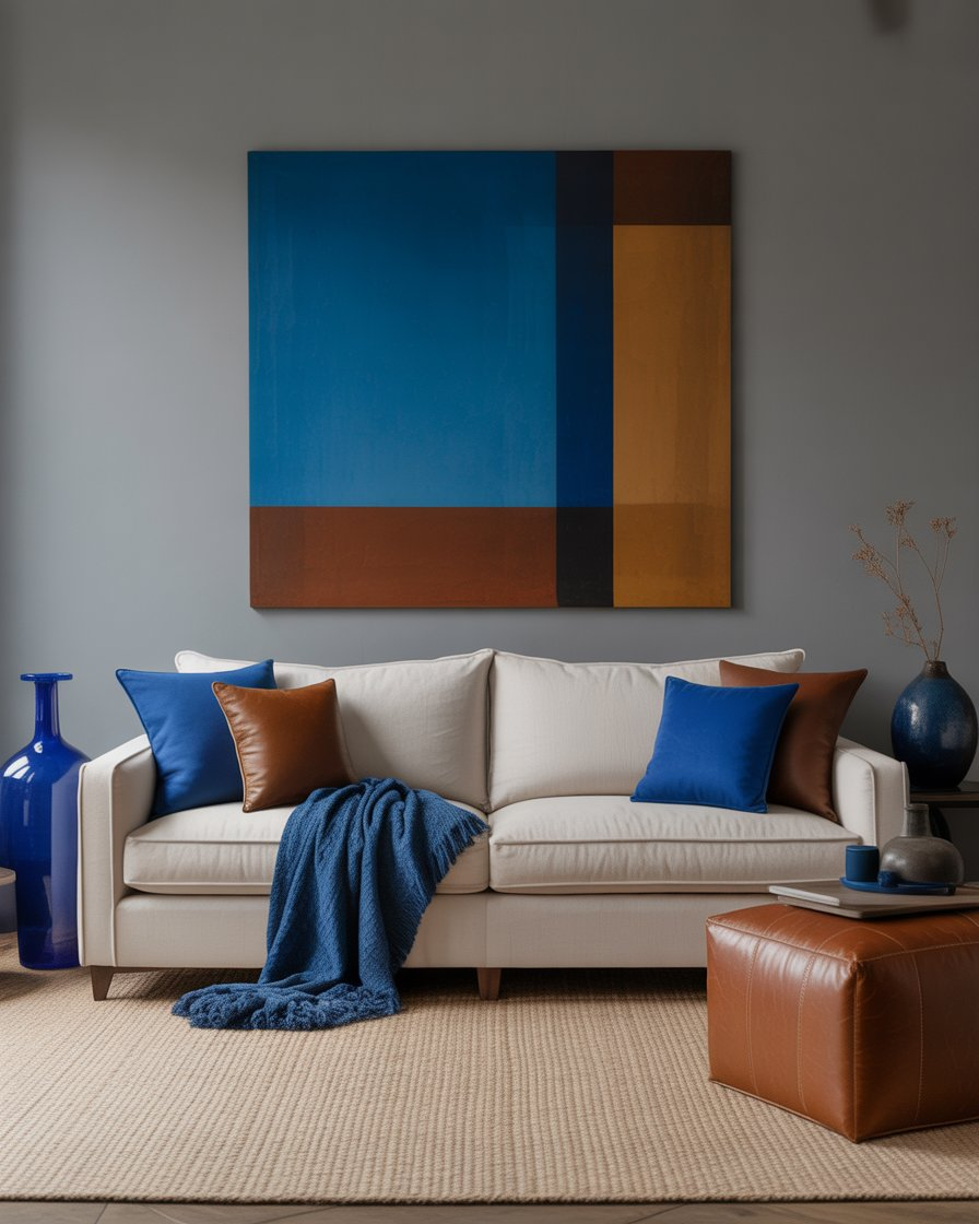 Cozy living room with beige and gray tones paired with blue and brown accents for balance.