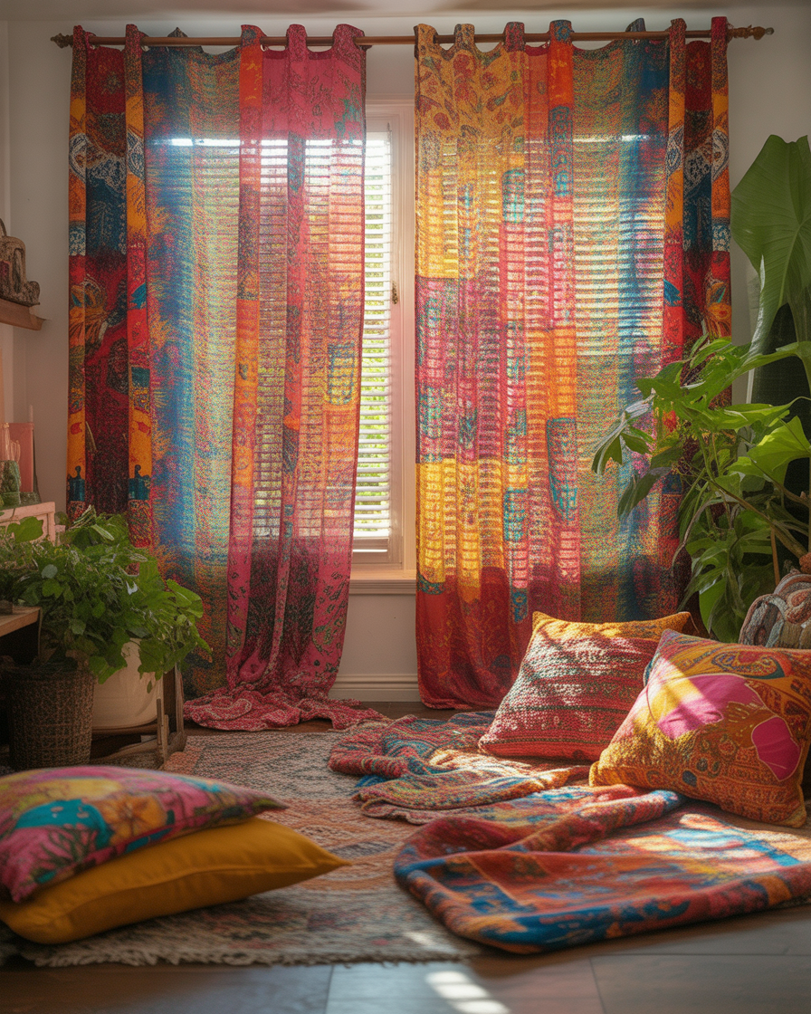 Bold patterned fabric blinds in a boho living room.