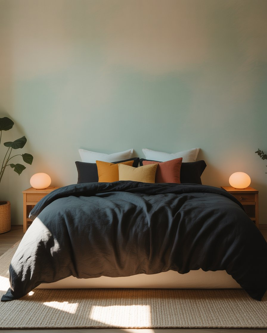 Black linen bedding against light-colored walls, creating a serene and stylish contrast.