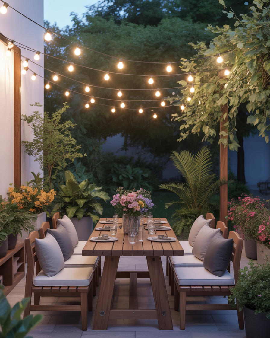 A cozy outdoor dining area with string lights, wooden furniture, and potted plants.