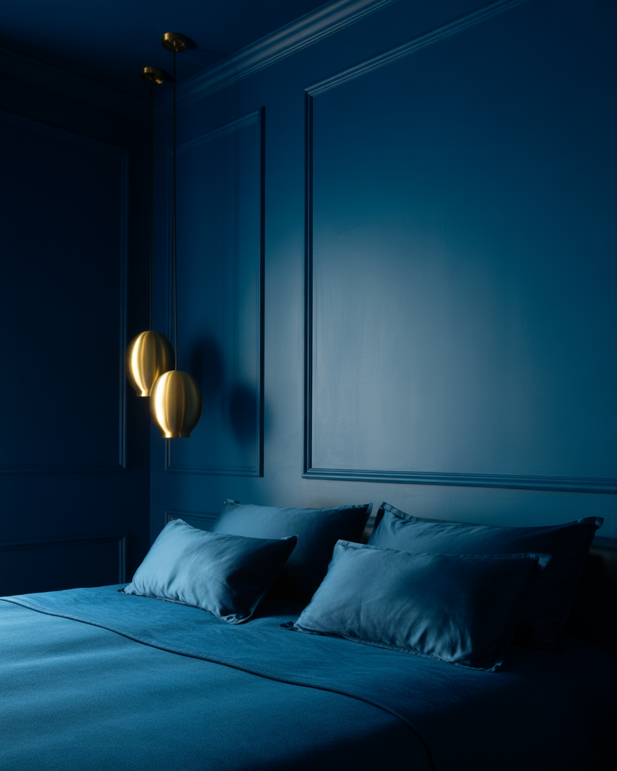 Elegant moody bedroom with midnight blue walls and brass accents for a cozy yet dramatic look.