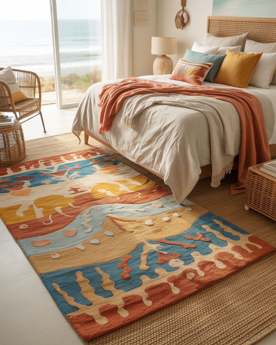 Boho coastal bedroom with a patterned rug that ties the room together.