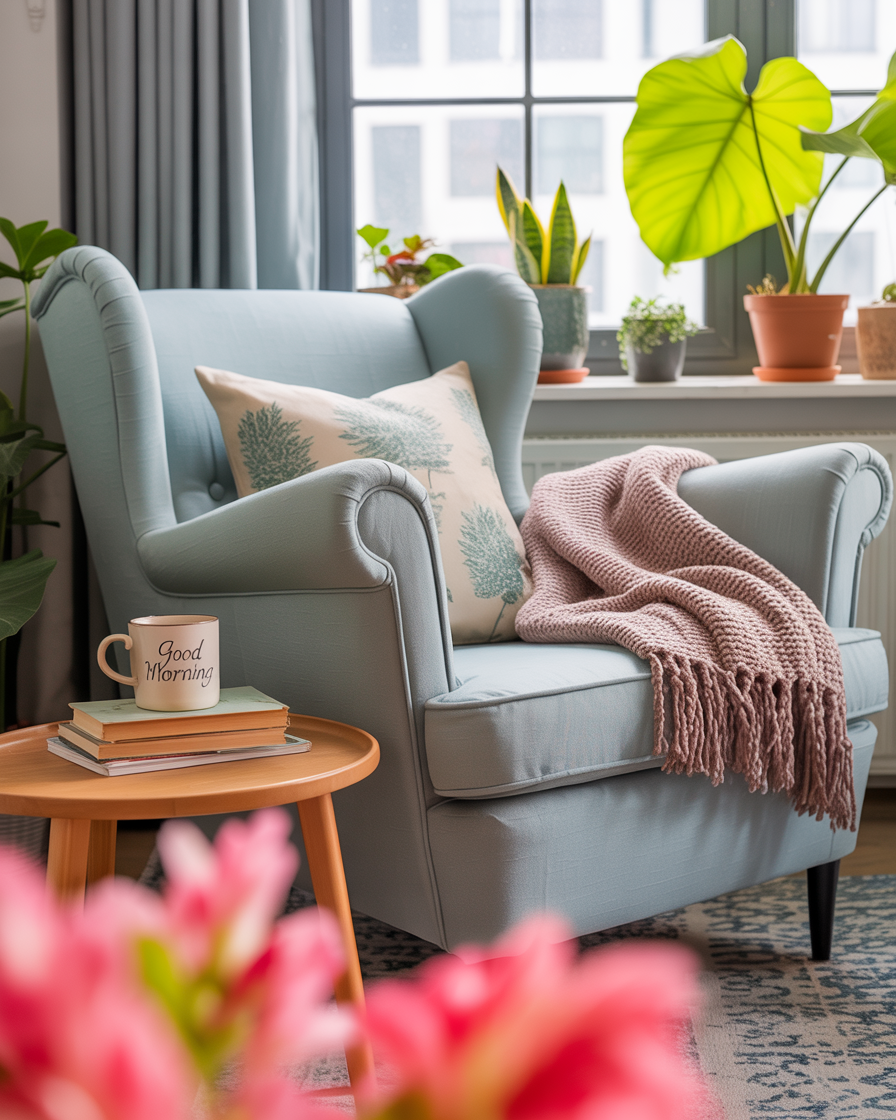 Urban oasis with greenery and soft textures in a compact living room