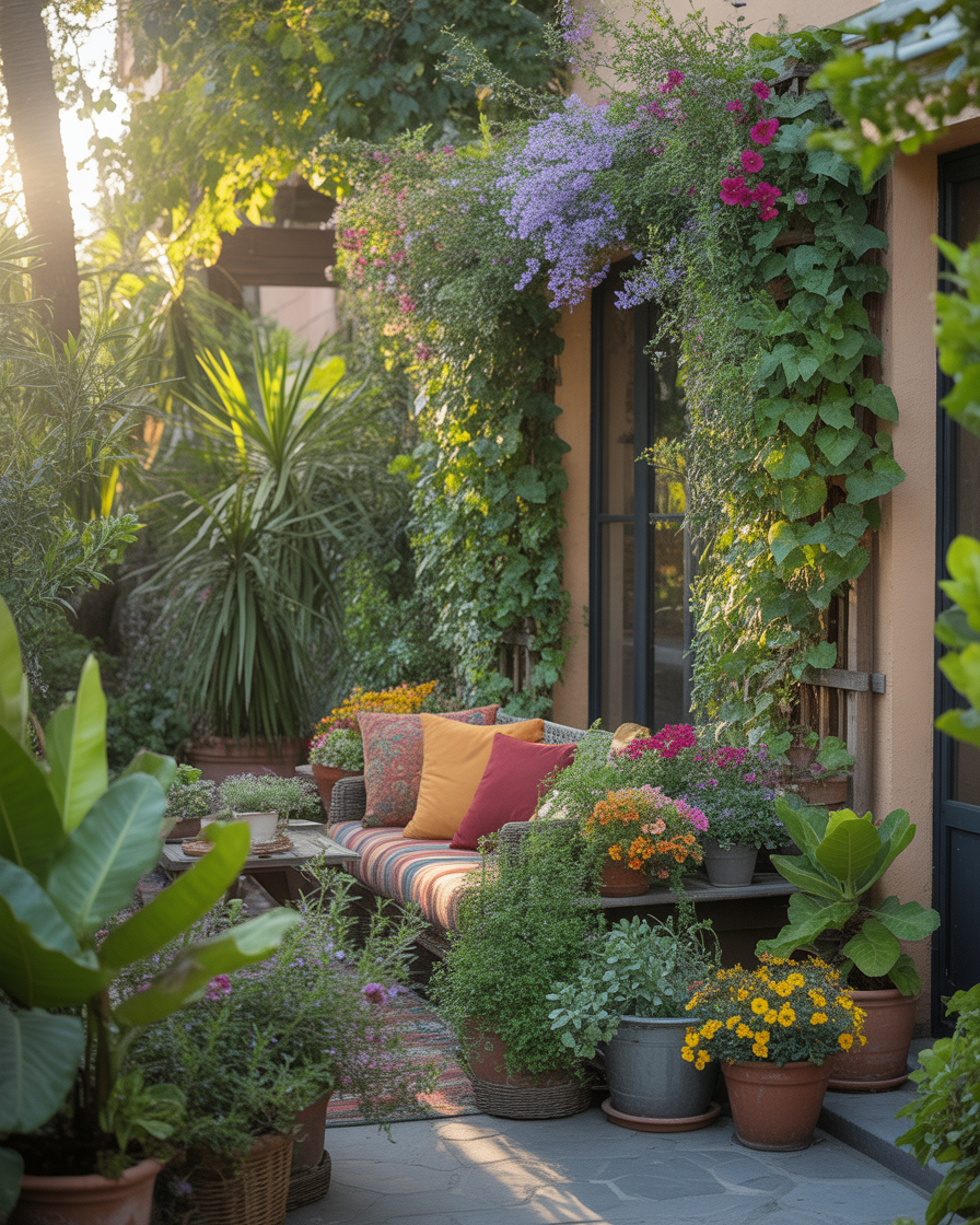 A patio with a vertical garden and lush potted plants, creating a green oasis.