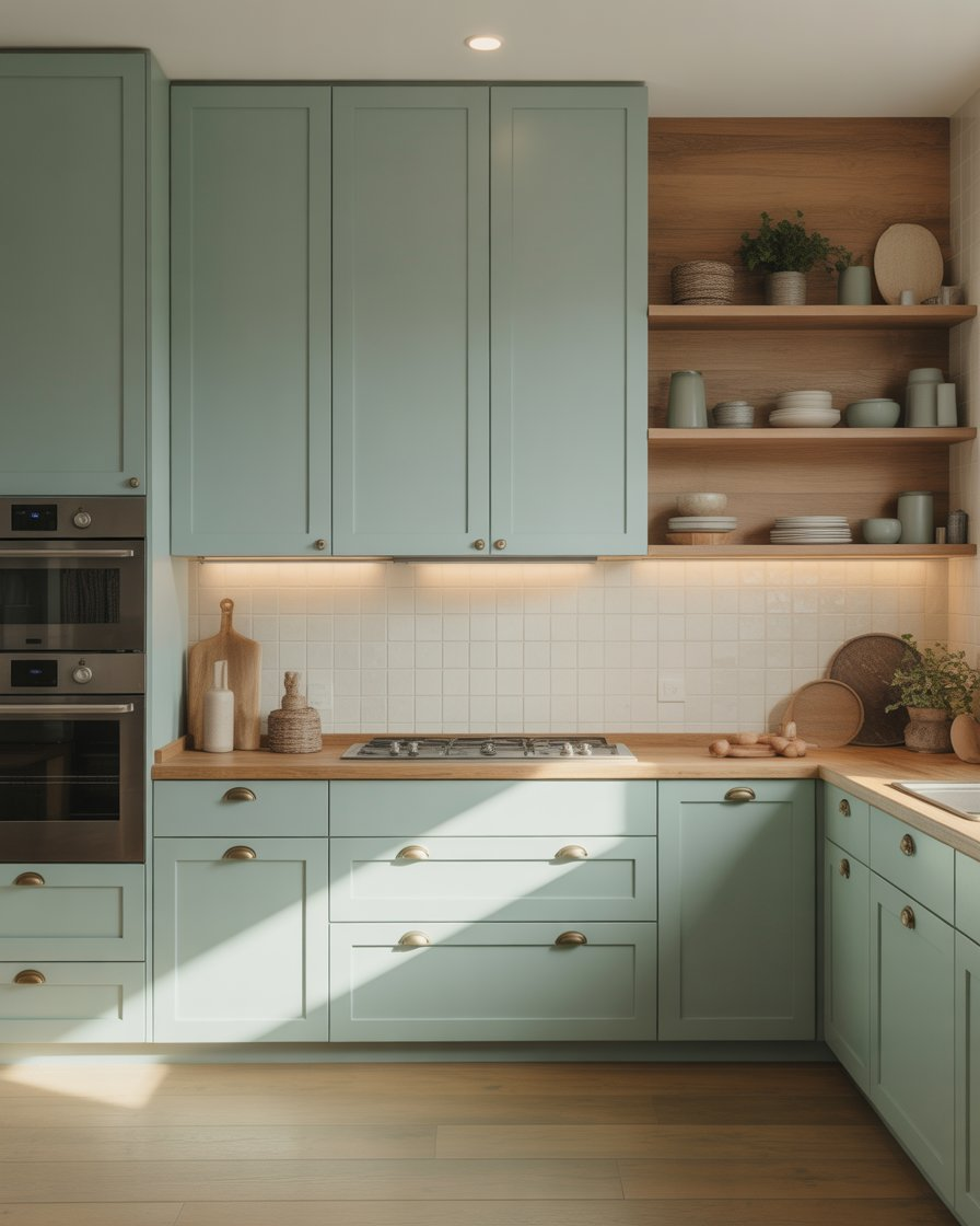 Seafoam blue kitchen cabinets with wood accents and soft lighting, creating a serene and tranquil kitchen space.