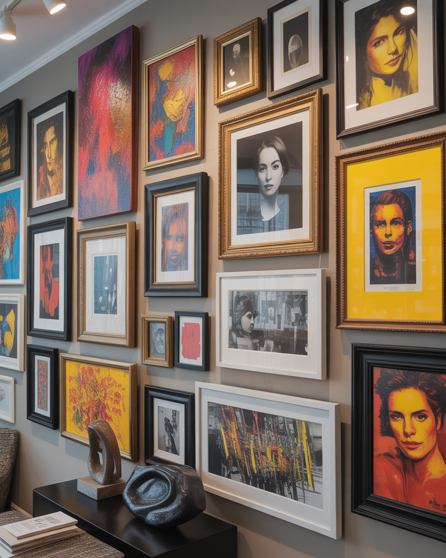 Art display wall with colorful paintings and framed art.