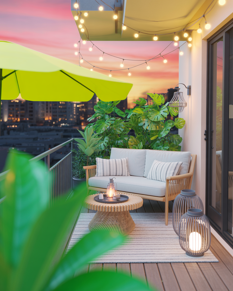 Cozy balcony with multiple layers of lighting for a magical evening effect