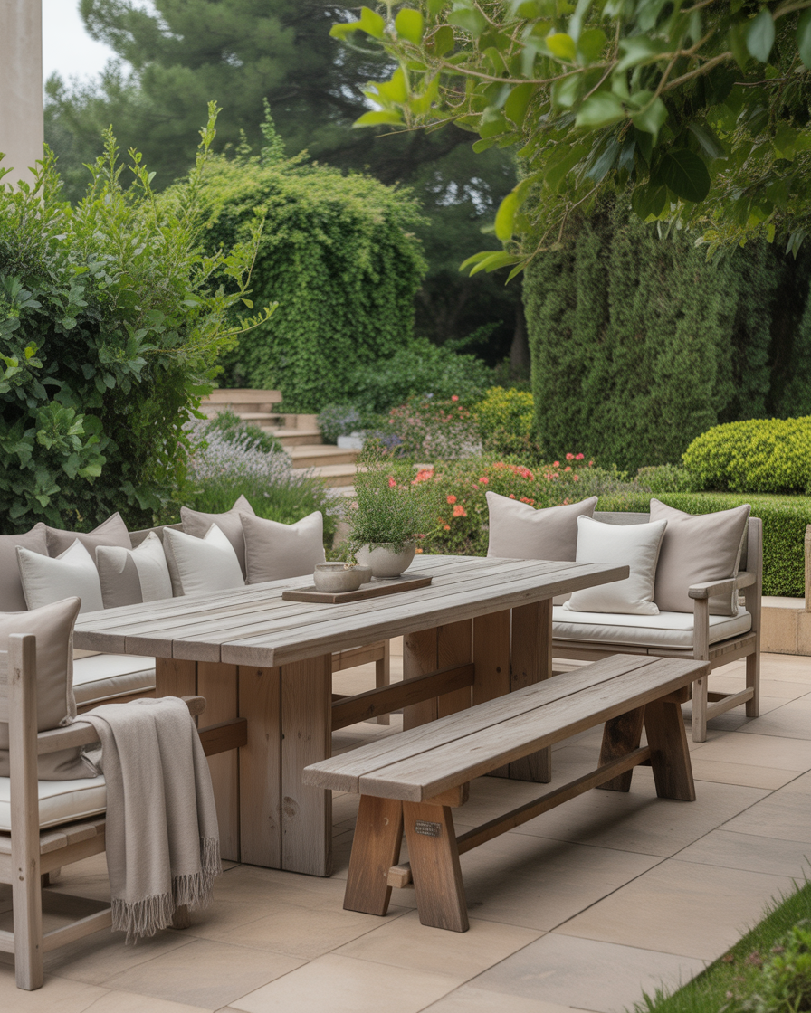 A classic wooden outdoor patio with comfortable furniture and greenery.
