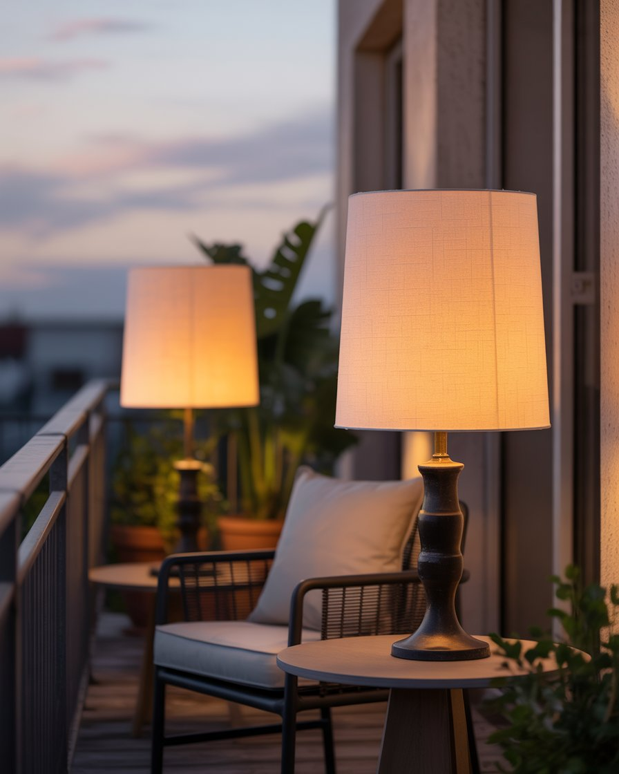 Romantic balcony with fabric shade lamps, offering gentle and inviting illumination."
