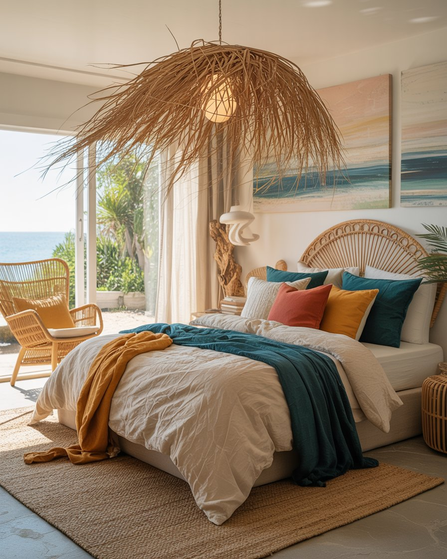 Boho coastal bedroom featuring a woven rattan pendant light.
