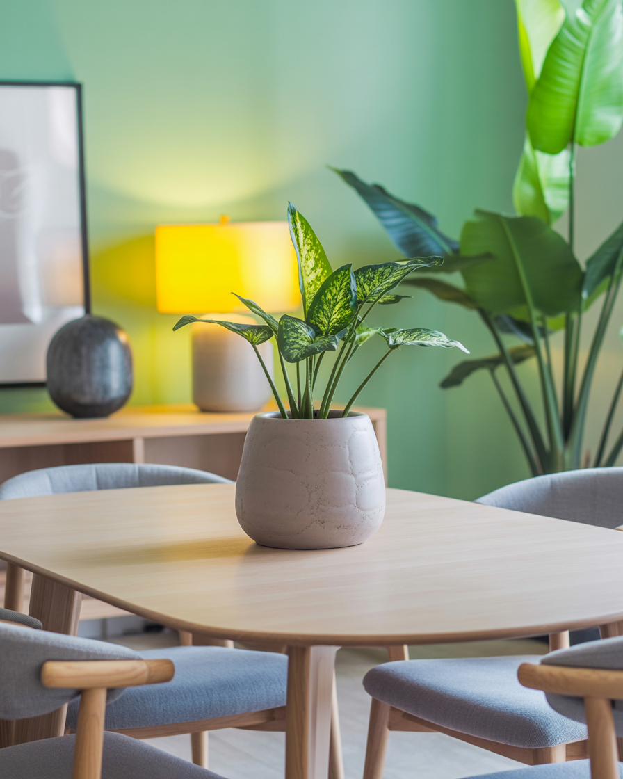 Indoor plant centerpiece on a dining table.