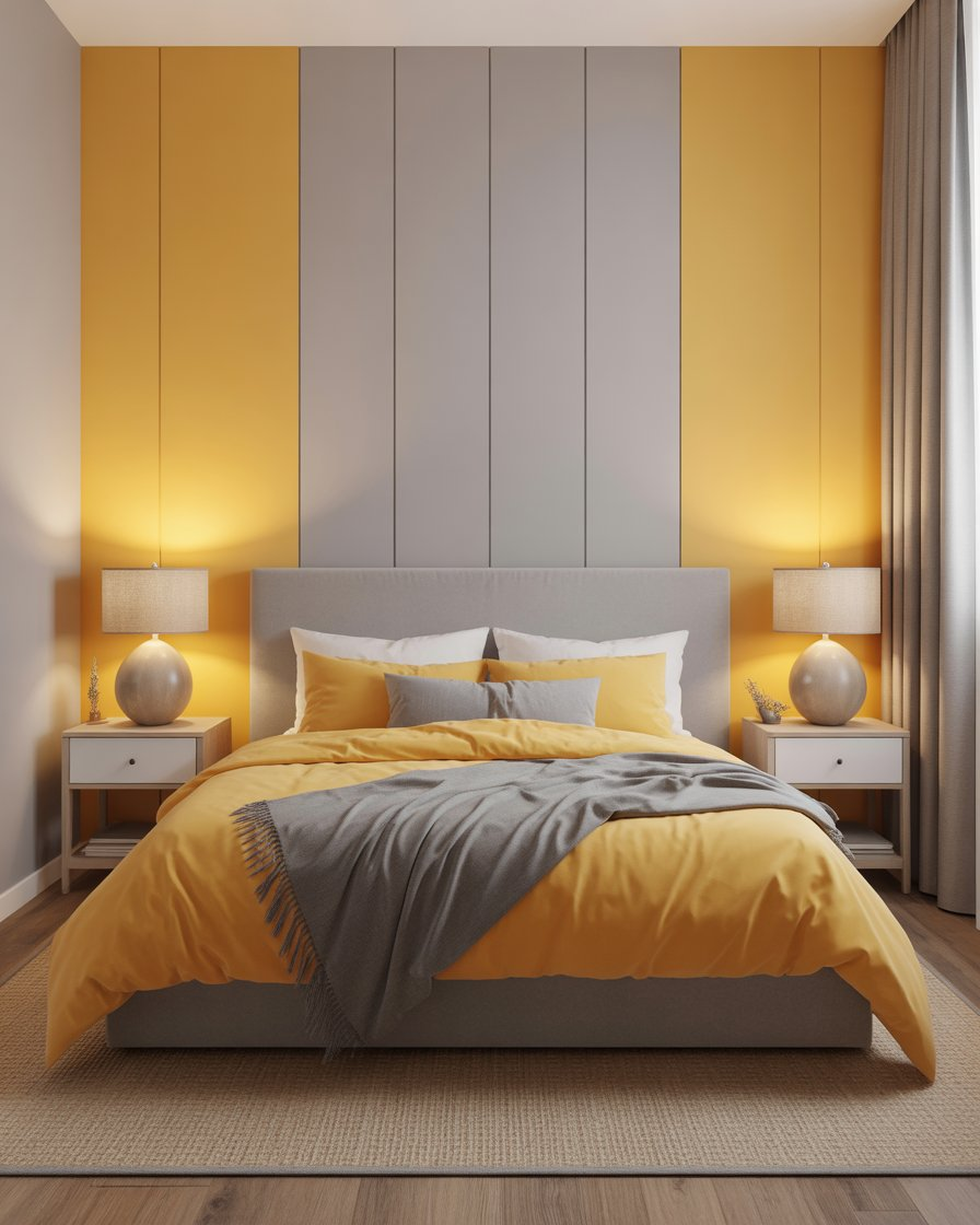 Bright and cheerful bedroom with yellow and gray creating an uplifting atmosphere.