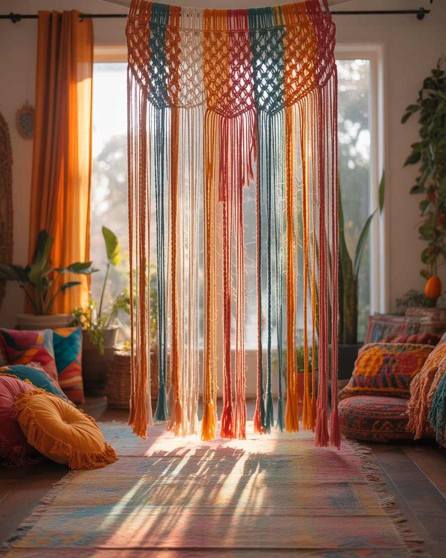  Colorful macramé window panels in a boho living room.
