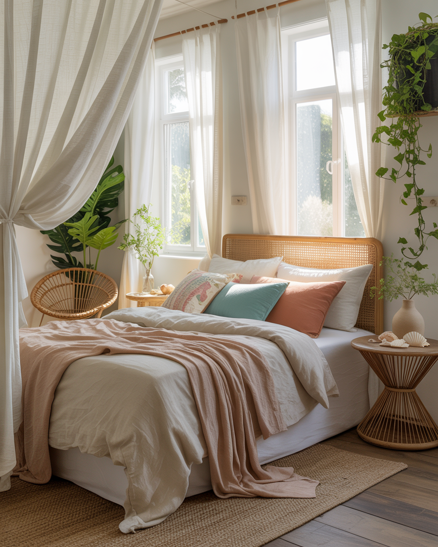 Boho coastal bedroom with soft, flowing linen curtains.