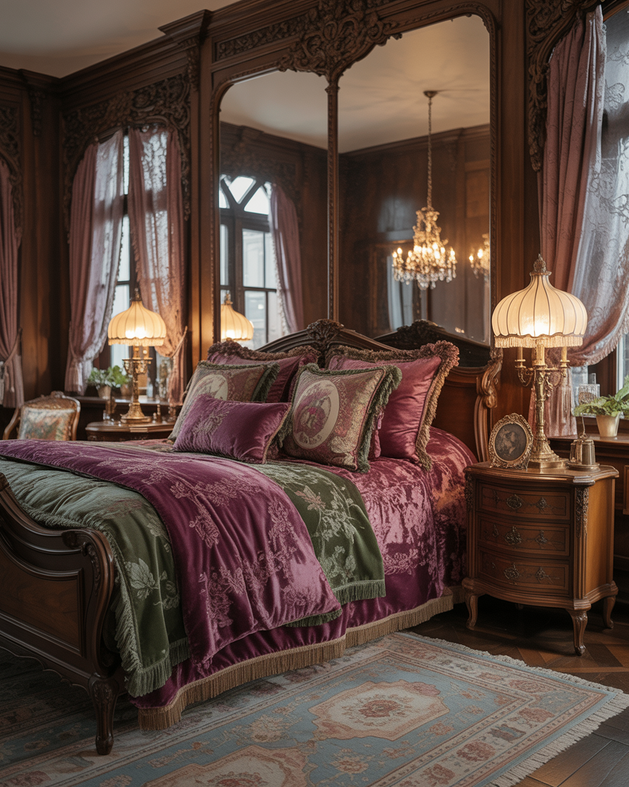  A Victorian bedroom with elegant dark wood furniture, velvet accents, and vintage lighting for a grand atmosphere.