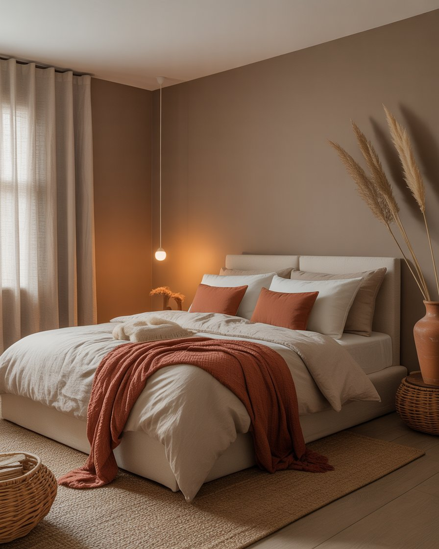 Earthy moody bedroom with taupe walls and terracotta accents for a warm and relaxing vibe.