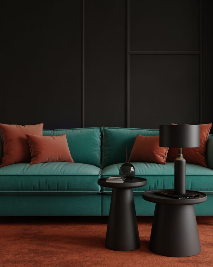 Black accents complementing the teal velvet sofa and terracotta decor for a modern touch.