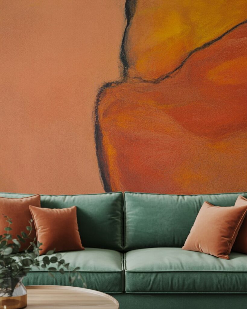 Terracotta artwork paired with teal velvet sofa to add warmth and creativity to the space.
