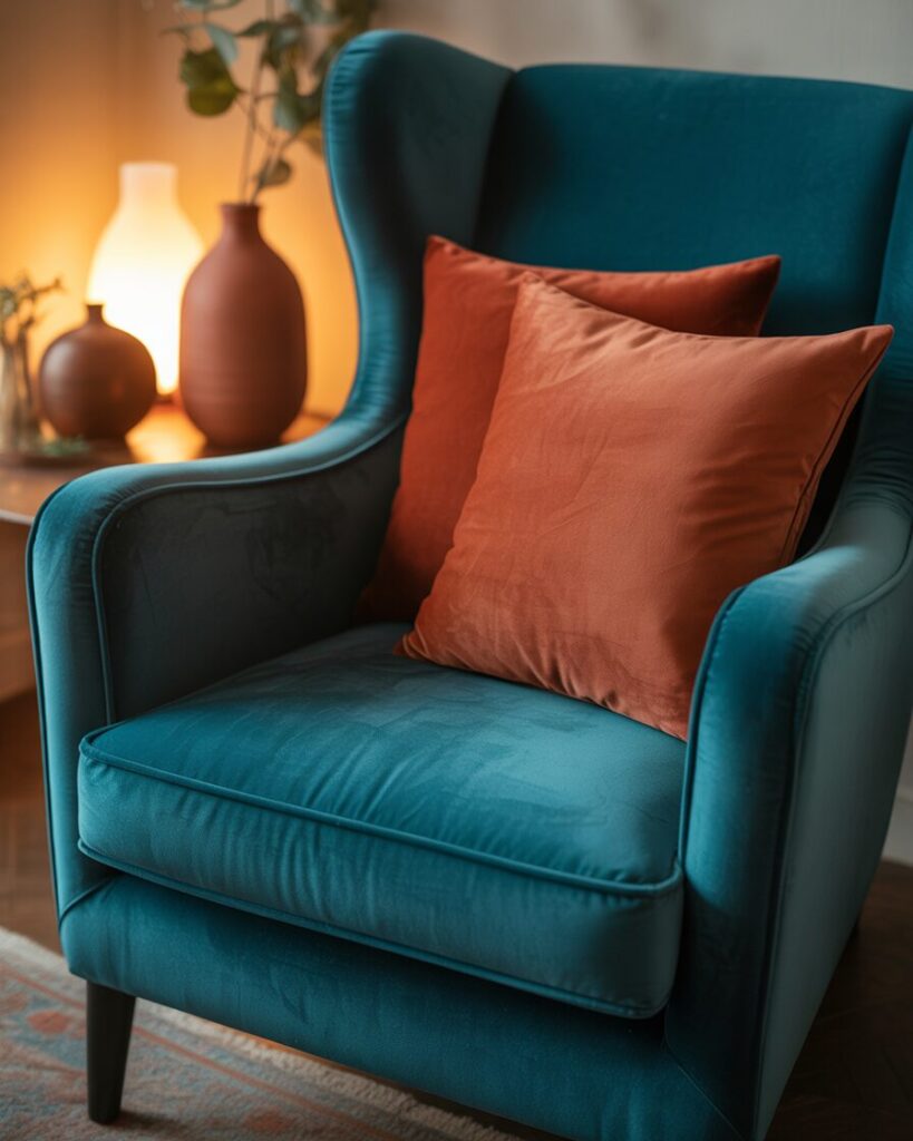 Teal velvet armchair and terracotta accents creating a cozy corner in the living room.