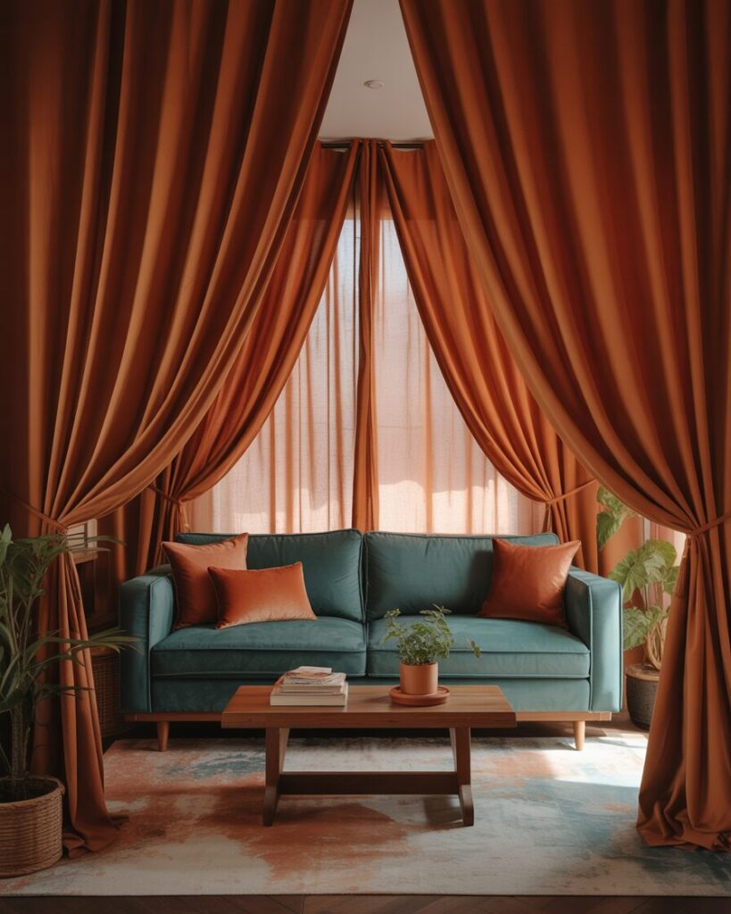 Terracotta curtains adding warmth and elegance to a living room with teal velvet sofa.
