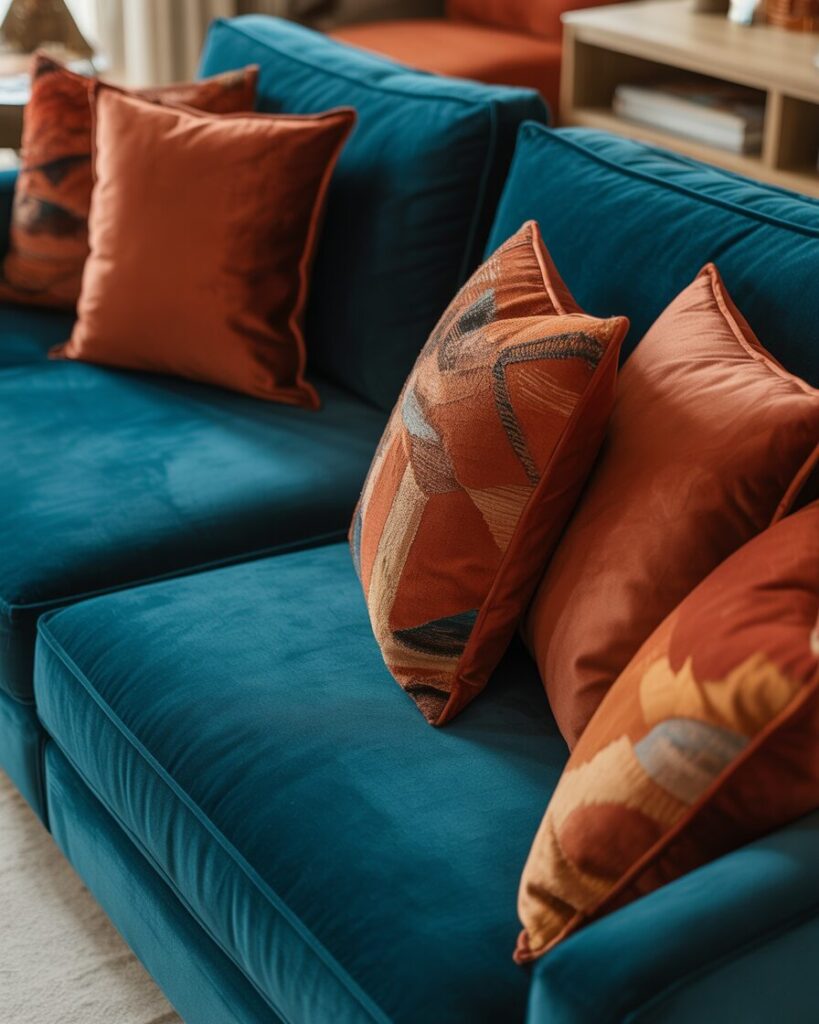 Patterned terracotta pillows on teal velvet sofa creating visual interest.