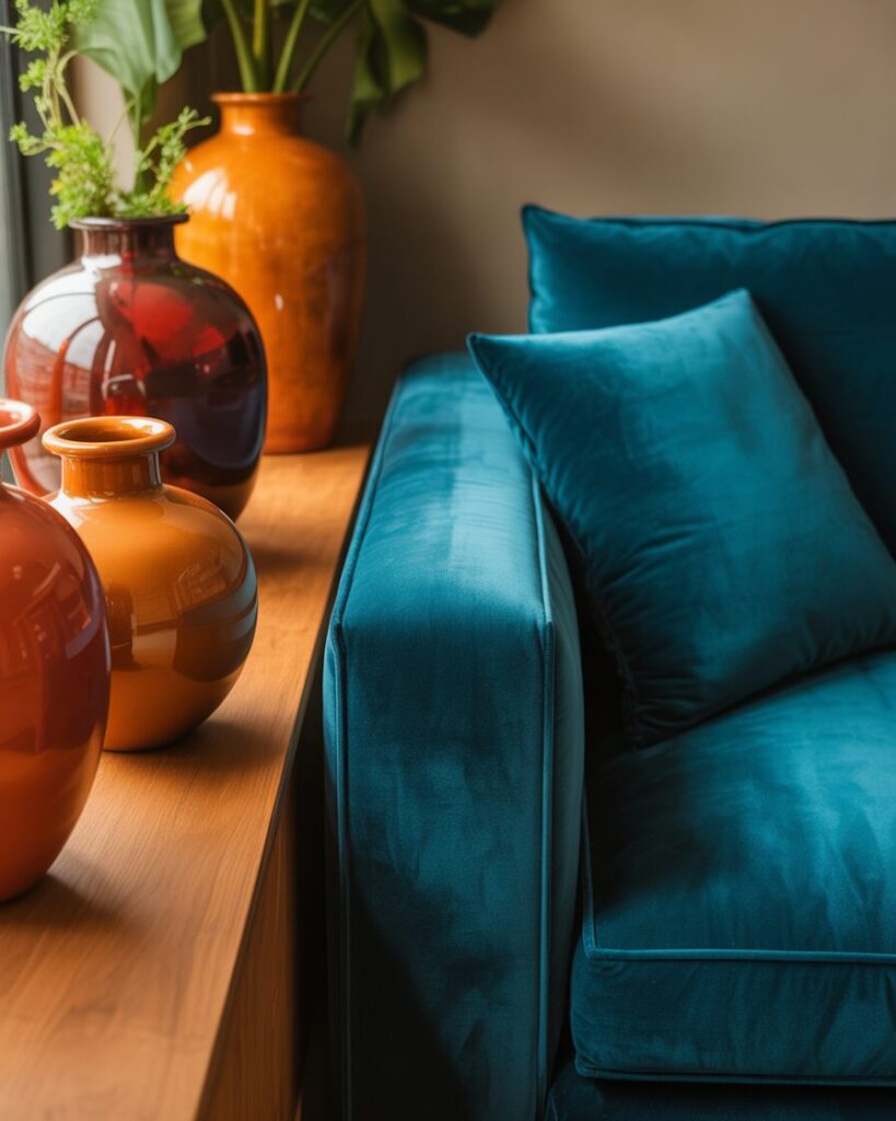 Terracotta vases adding texture and warmth to a modern living room with teal velvet sofa.