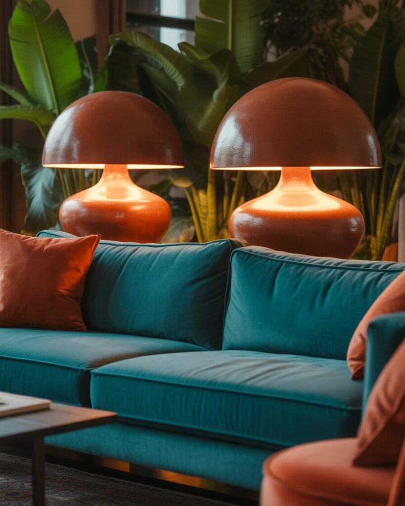 Terracotta lamps adding warmth and ambiance to a living room with teal velvet sofa.