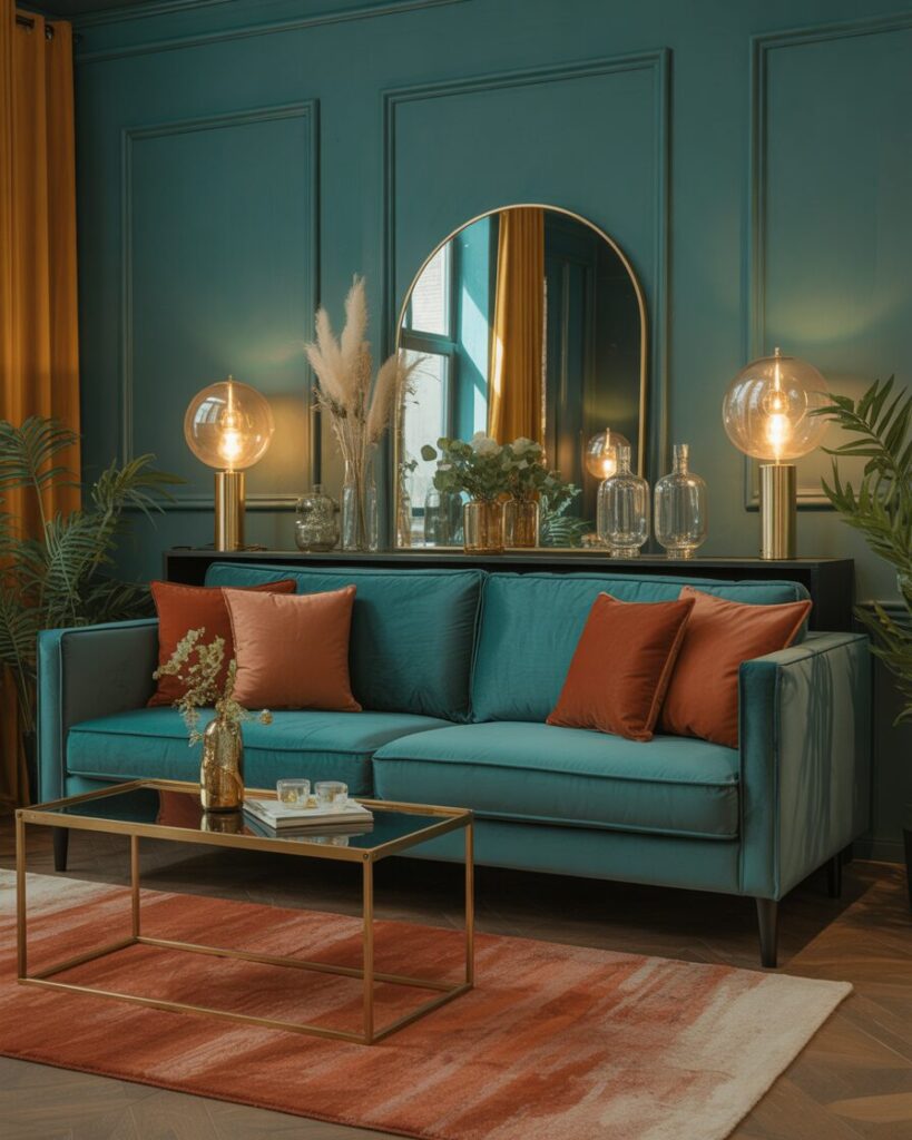 Gold and brass accents adding elegance to a living room with teal velvet sofa and terracotta accents.