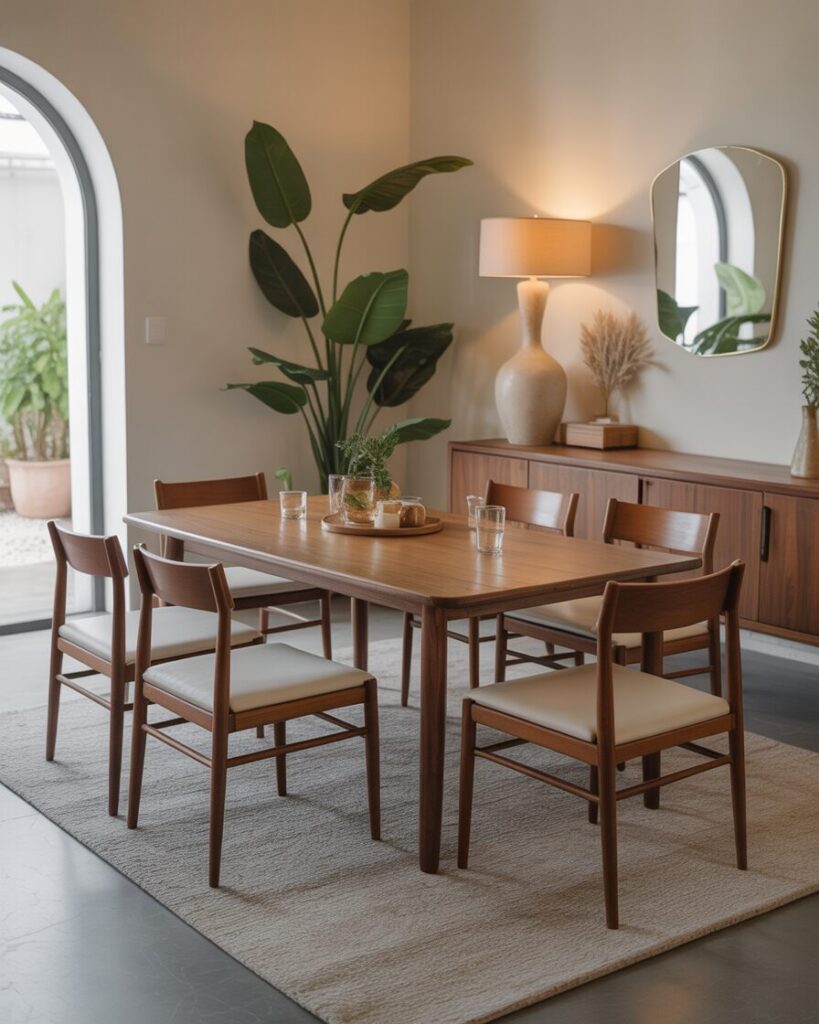 Low-profile dining table with cushioned seats in a relaxed mid-century modern dining space.