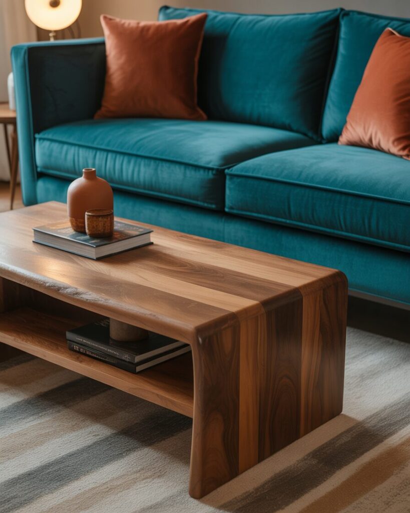 Wooden coffee table grounding the bold teal velvet sofa and terracotta decor.