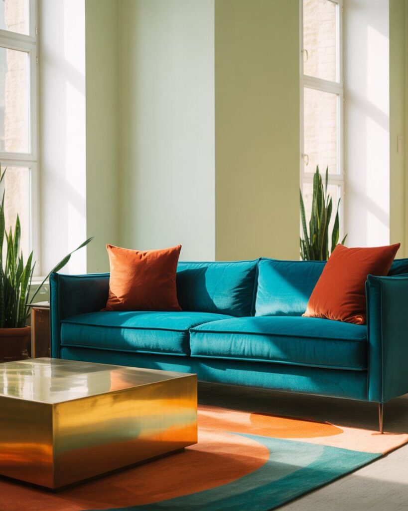 Teal velvet sofa as the focal point of a contemporary living room, surrounded by neutral decor."