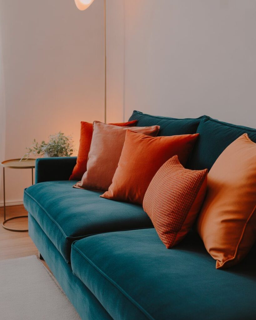 Teal velvet sofa adorned with terracotta throw pillows for added warmth and style.