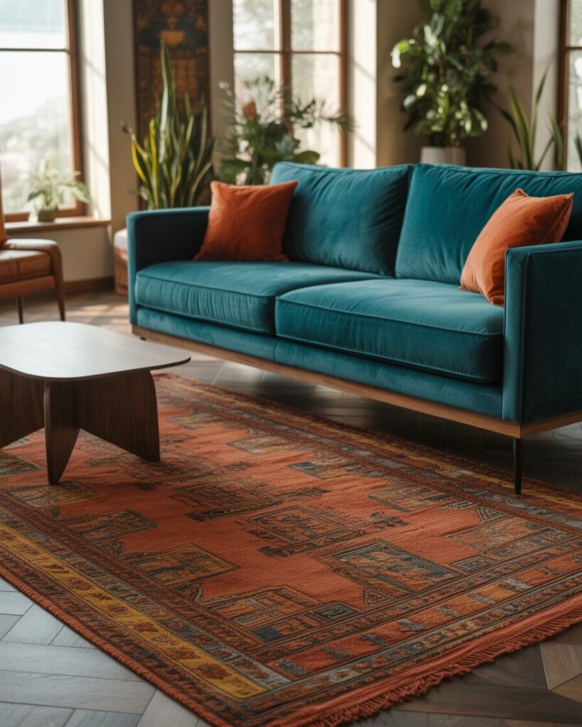 A terracotta rug grounding a teal velvet sofa, adding warmth and texture to the room.